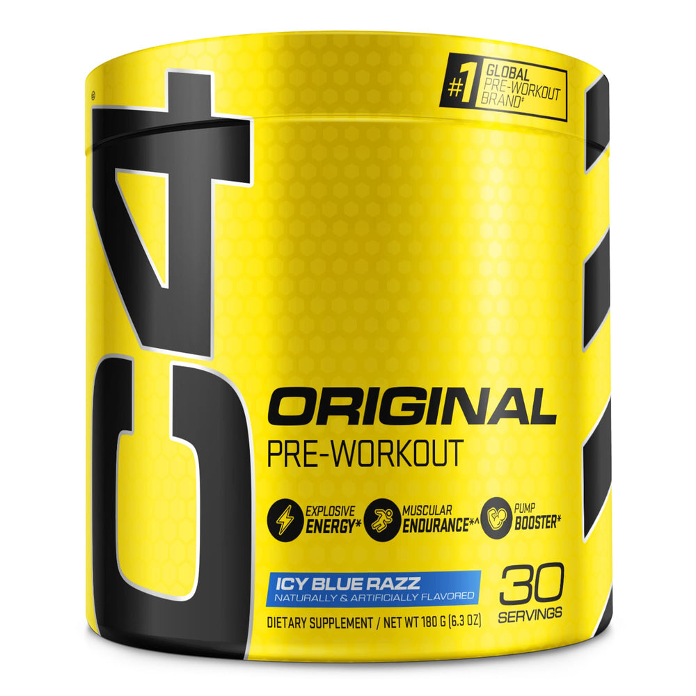 C4 icy blue razz front tub showing brand and flavor for pre workout energy