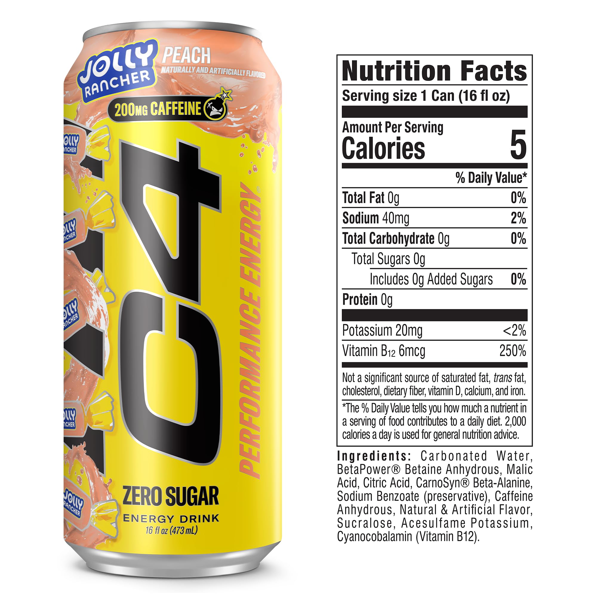 Close-up of C4 Peach can label highlighting ingredients and zero sugar benefit
