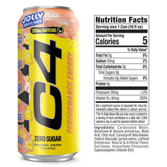 Close-up of C4 Peach can label highlighting ingredients and zero sugar benefit