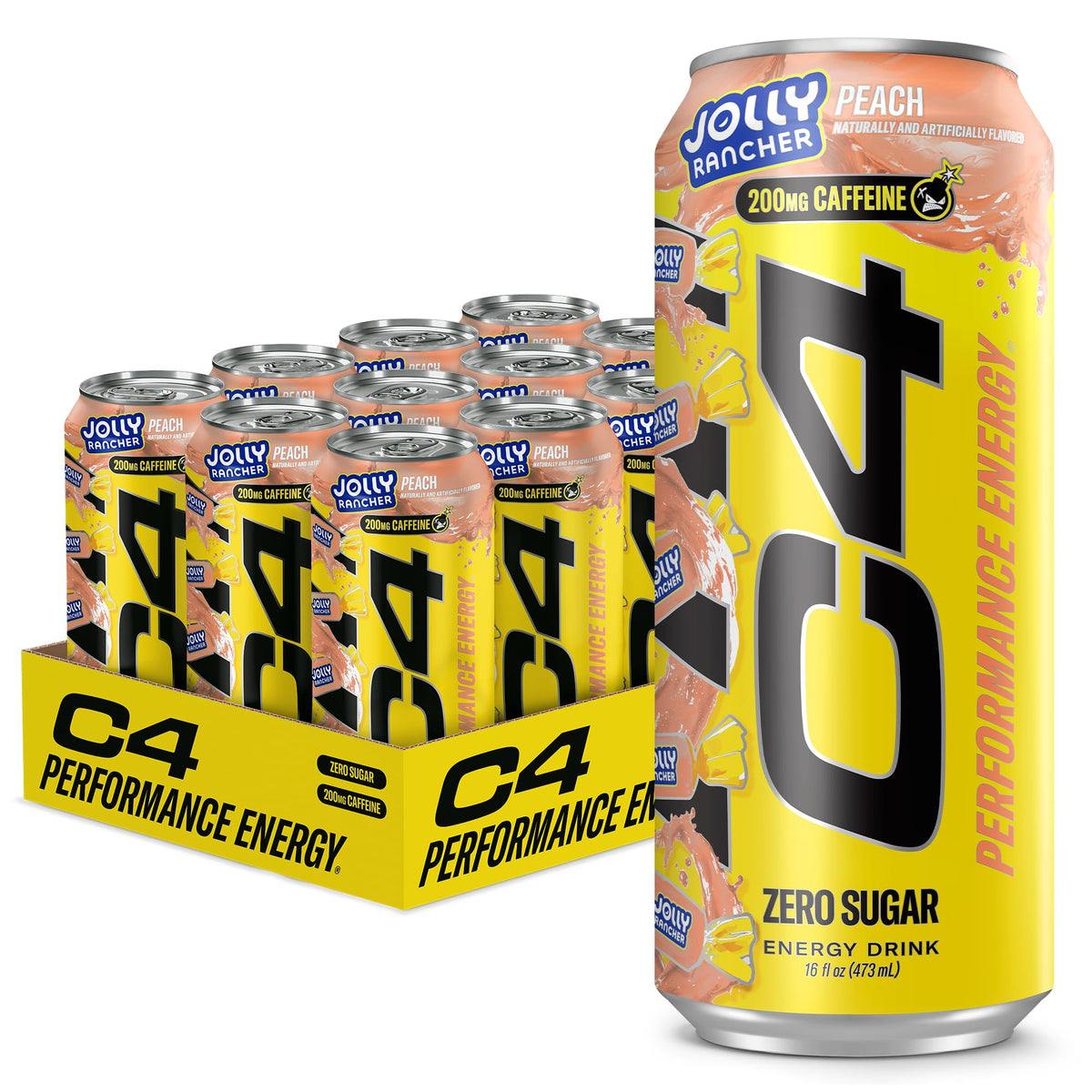 C4 Peach can front view showing Jolly Rancher branding and energy boost benefit
