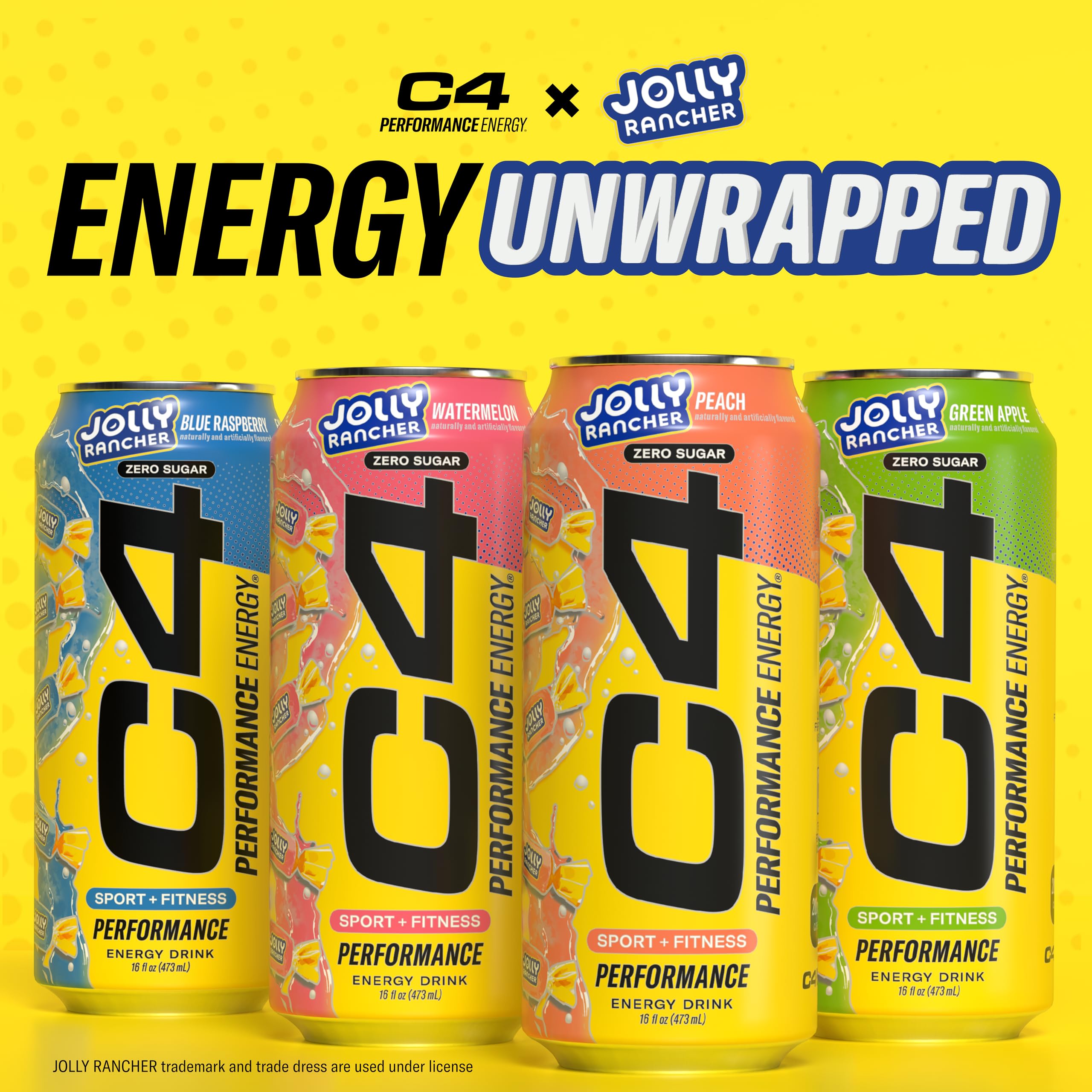 Four C4 JOLLY RANCHER cans lined up showing variety and convenient pack benefit