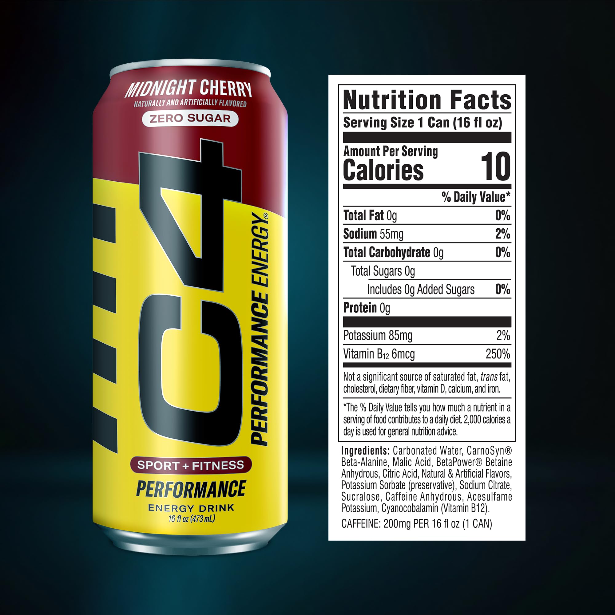 12-pack case of C4 Midnight Cherry showing stock and convenience benefit