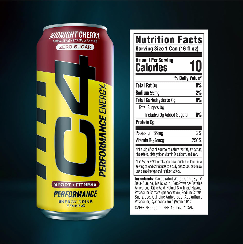 12-pack case of C4 Midnight Cherry showing stock and convenience benefit
