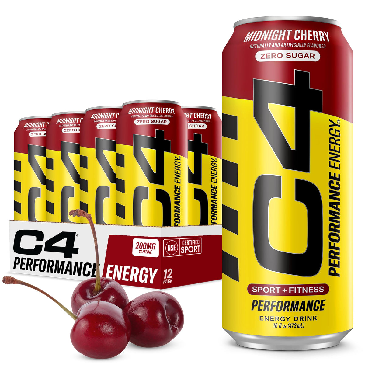 C4 Midnight Cherry front can showing bold flavor and clean label benefit