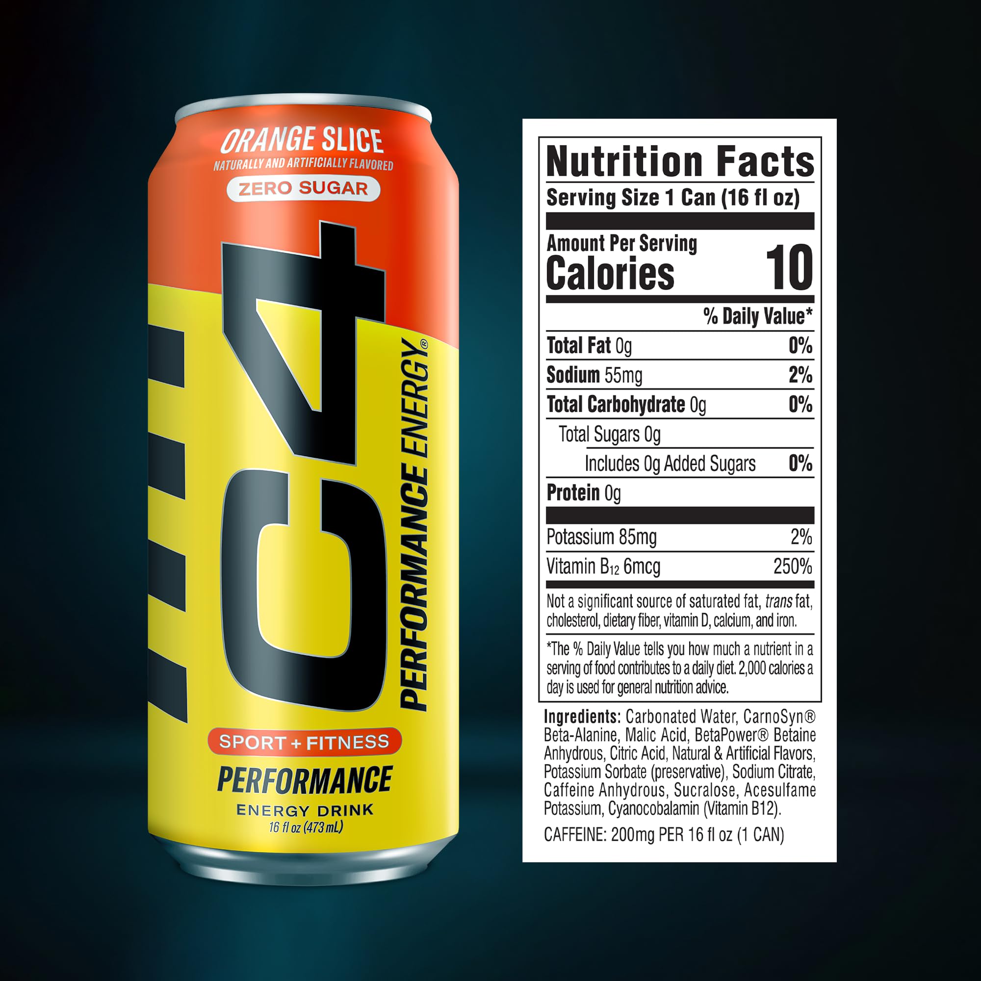 C4 orange slice can close-up highlighting branding and appealing citrus texture