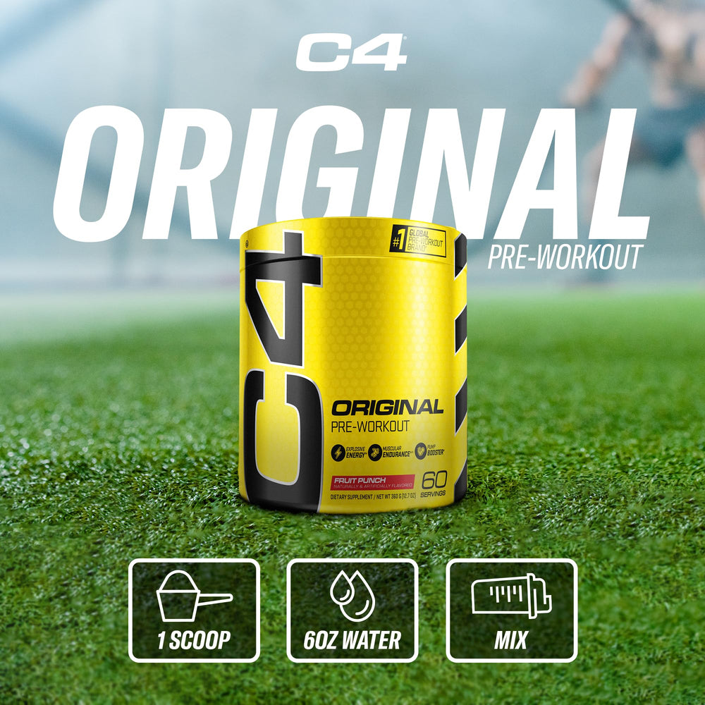 Athlete holding C4 shaker in gym showing energy boost before training