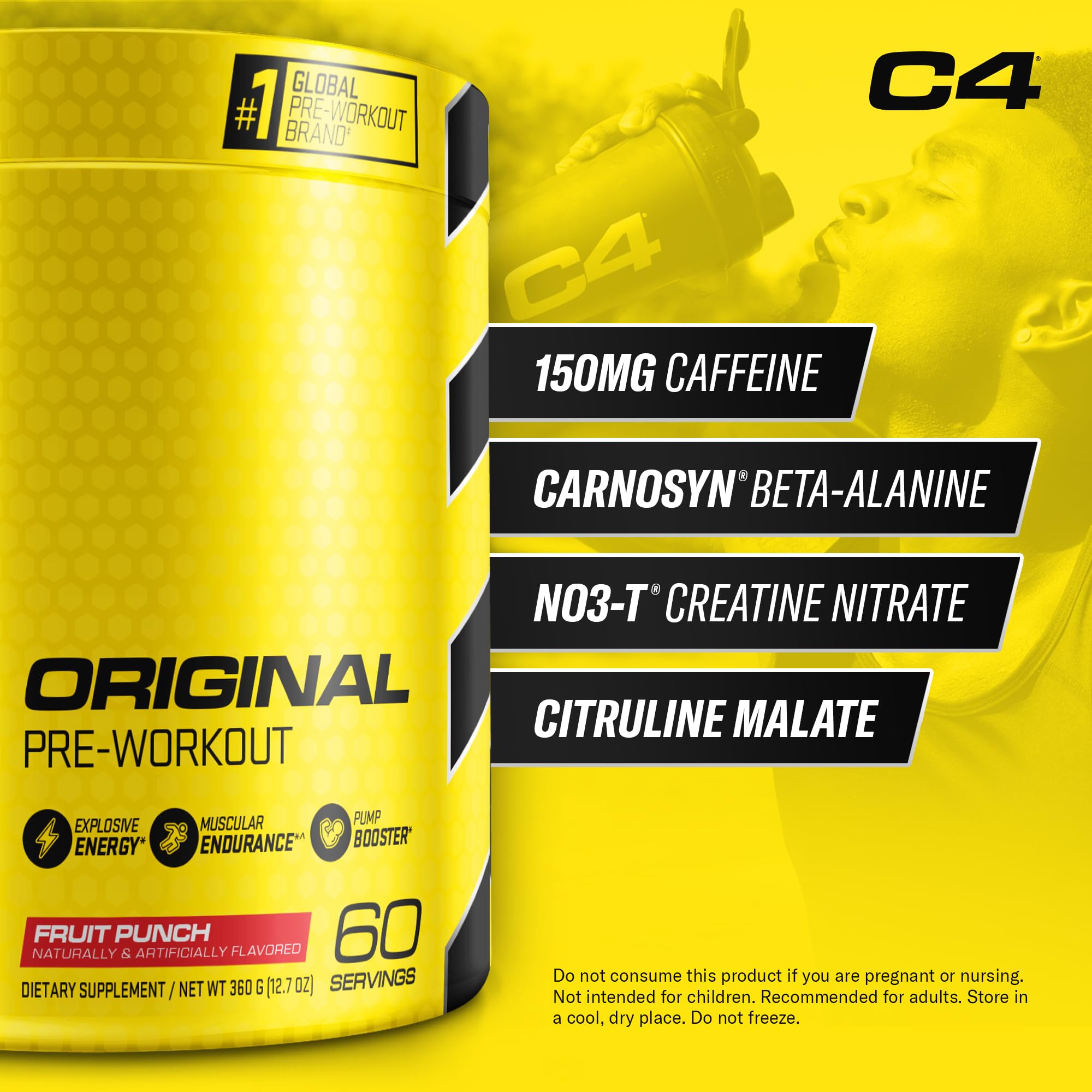 C4 scoop with powder above tub showing serving size and easy portioning