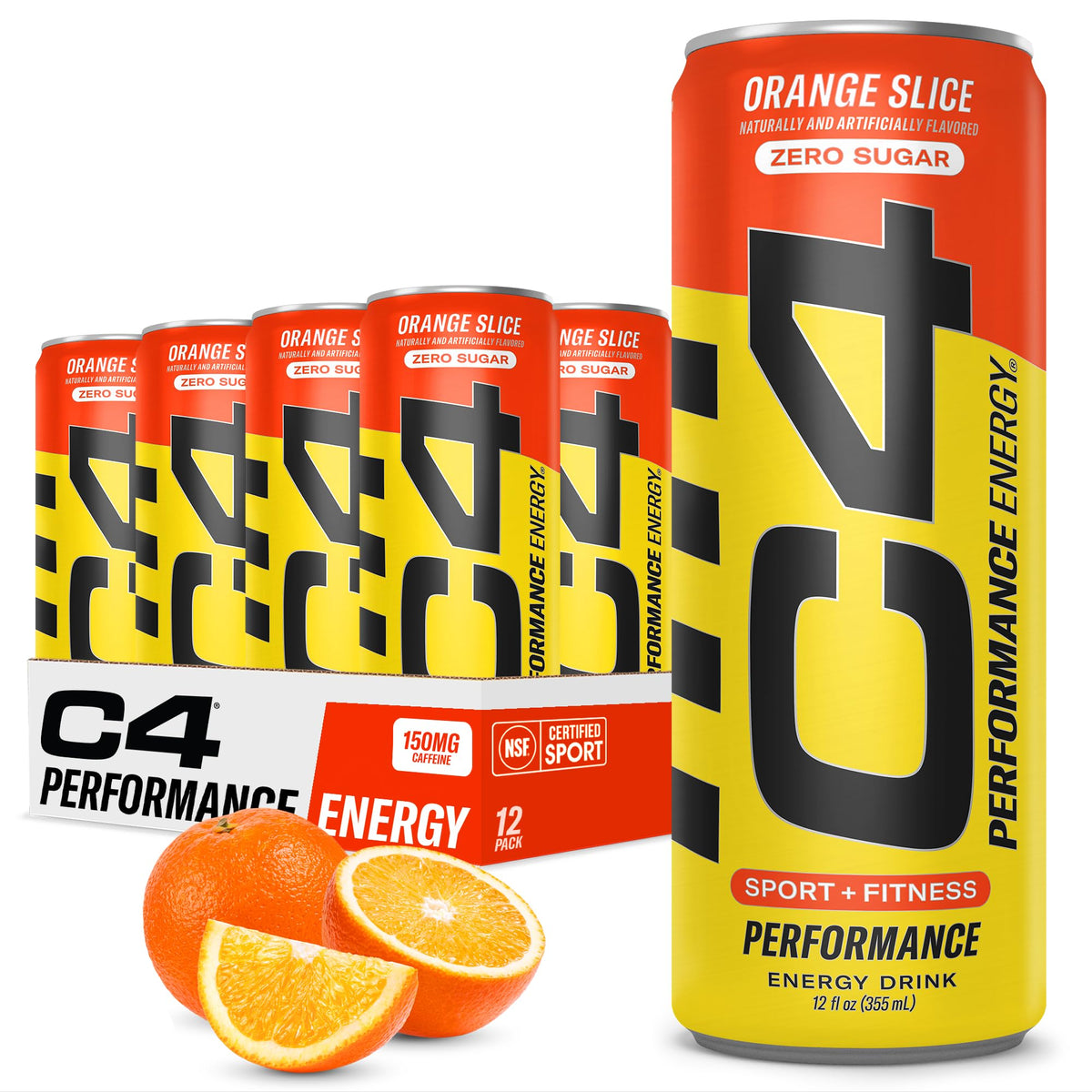 C4 Performance front packaging Orange Slice showing can and branding, energizes workouts