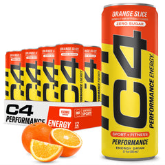 C4 Performance front packaging Orange Slice showing can and branding, energizes workouts