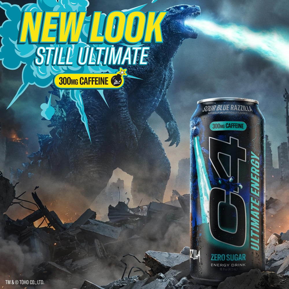 C4 can held next to hand for scale, illustrating portable size and strong caffeine benefit