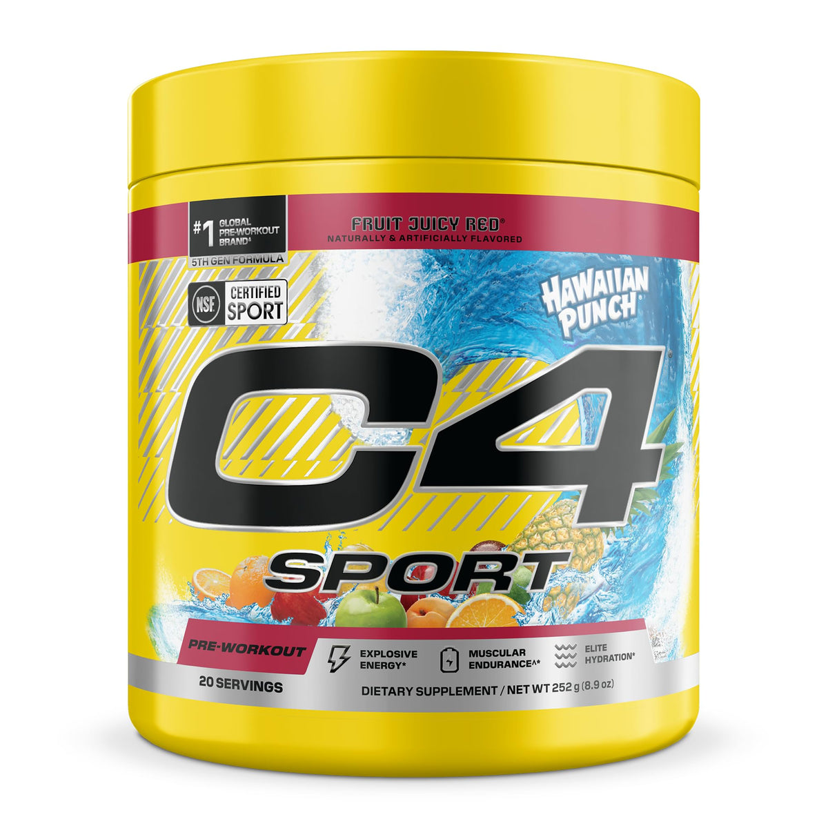 C4 Sport front label showing Hawaiian Punch flavor and NSF certification benefit