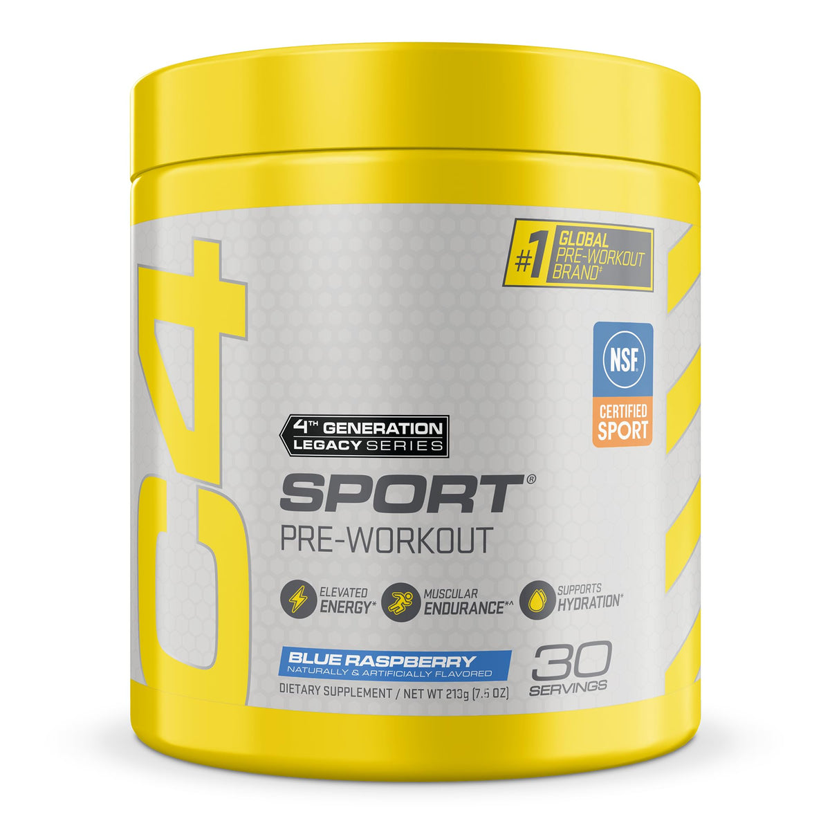 C4 Sport front packaging blue raspberry showing product and benefit