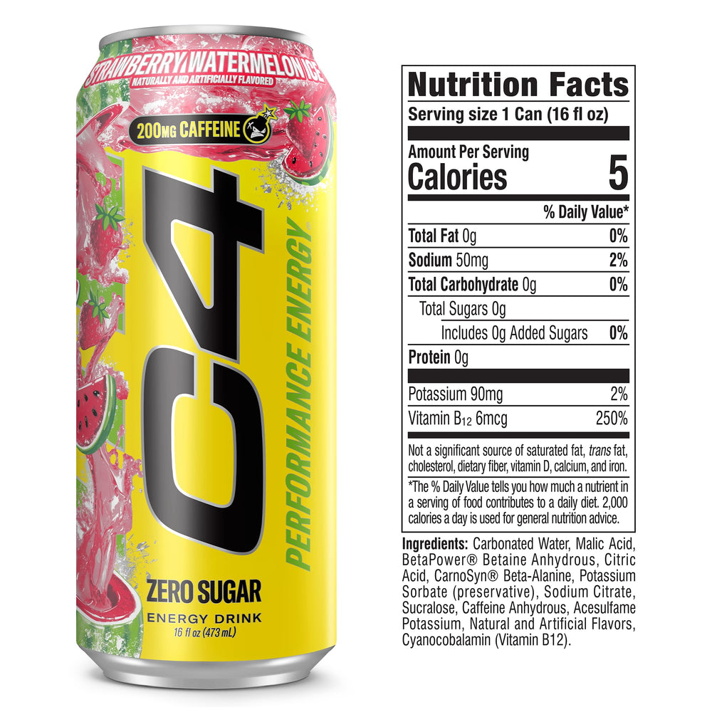 C4 close-up carbonation bubbles on Strawberry Watermelon Ice can highlighting refreshing boost