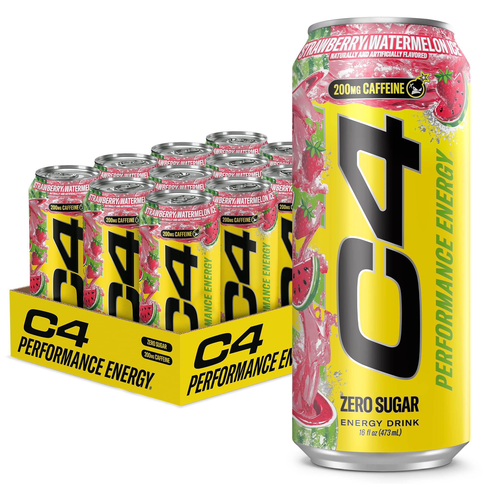C4 front-facing 12oz can of Strawberry Watermelon Ice showing label and 12pk benefit