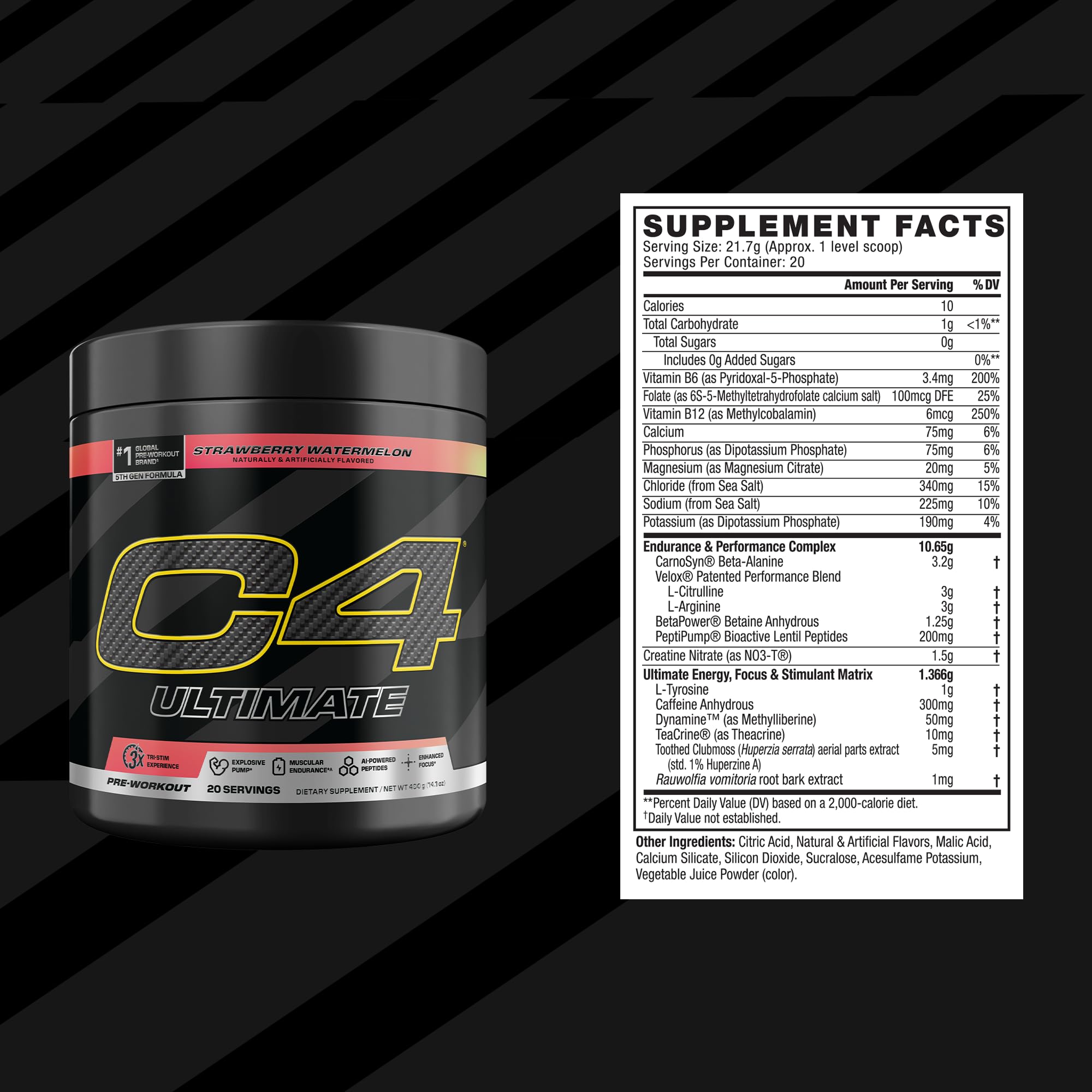 C4 powder close-up highlighting Strawberry Watermelon texture and mixability benefit