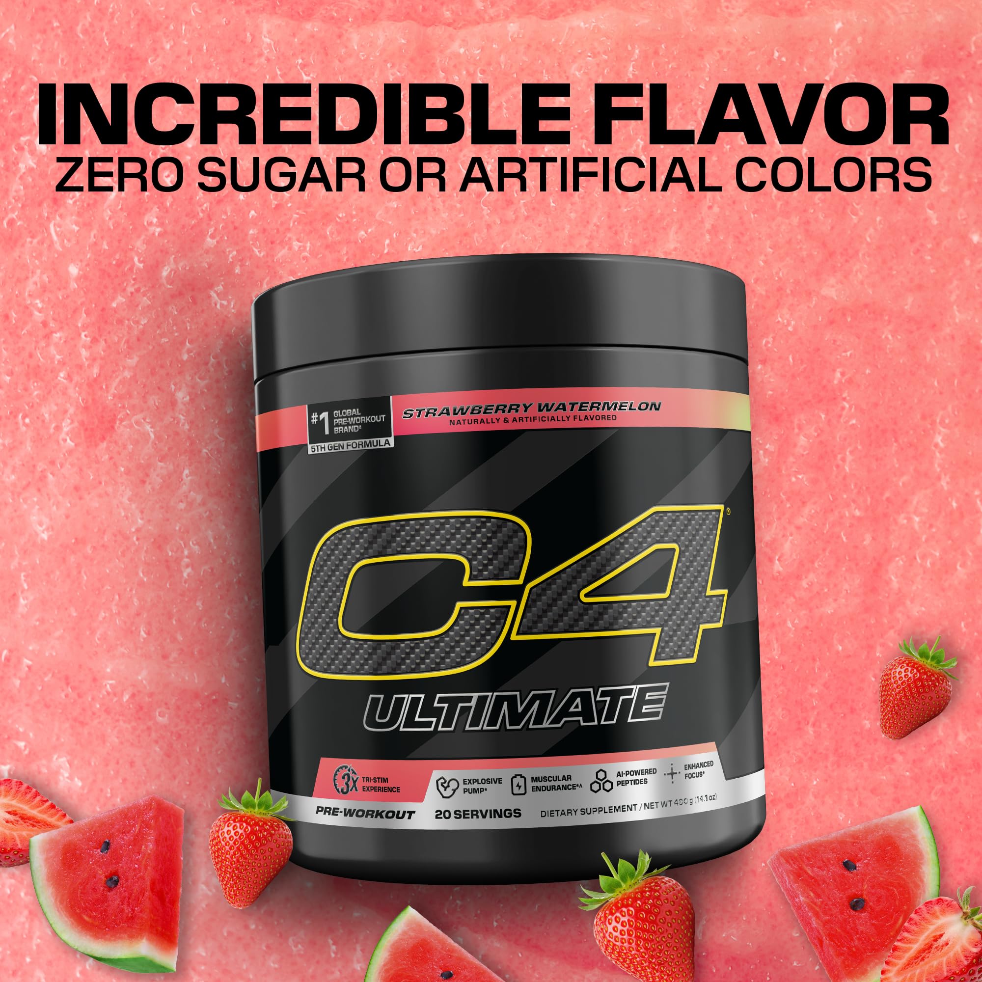 C4 tub next to scoop showing serving size and 20 servings benefit