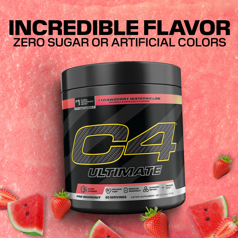 C4 tub next to scoop showing serving size and 20 servings benefit