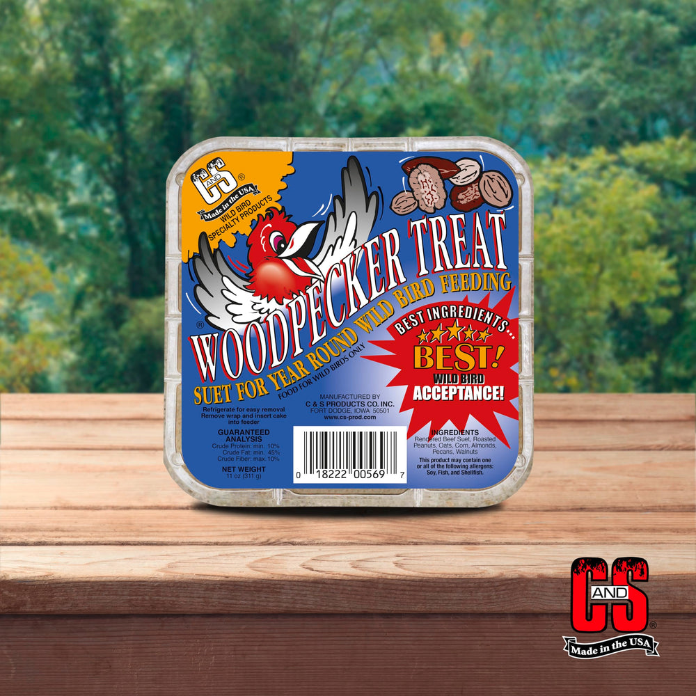 C&S suet feeder in seasonal backyard scene encouraging wildlife visits year-round