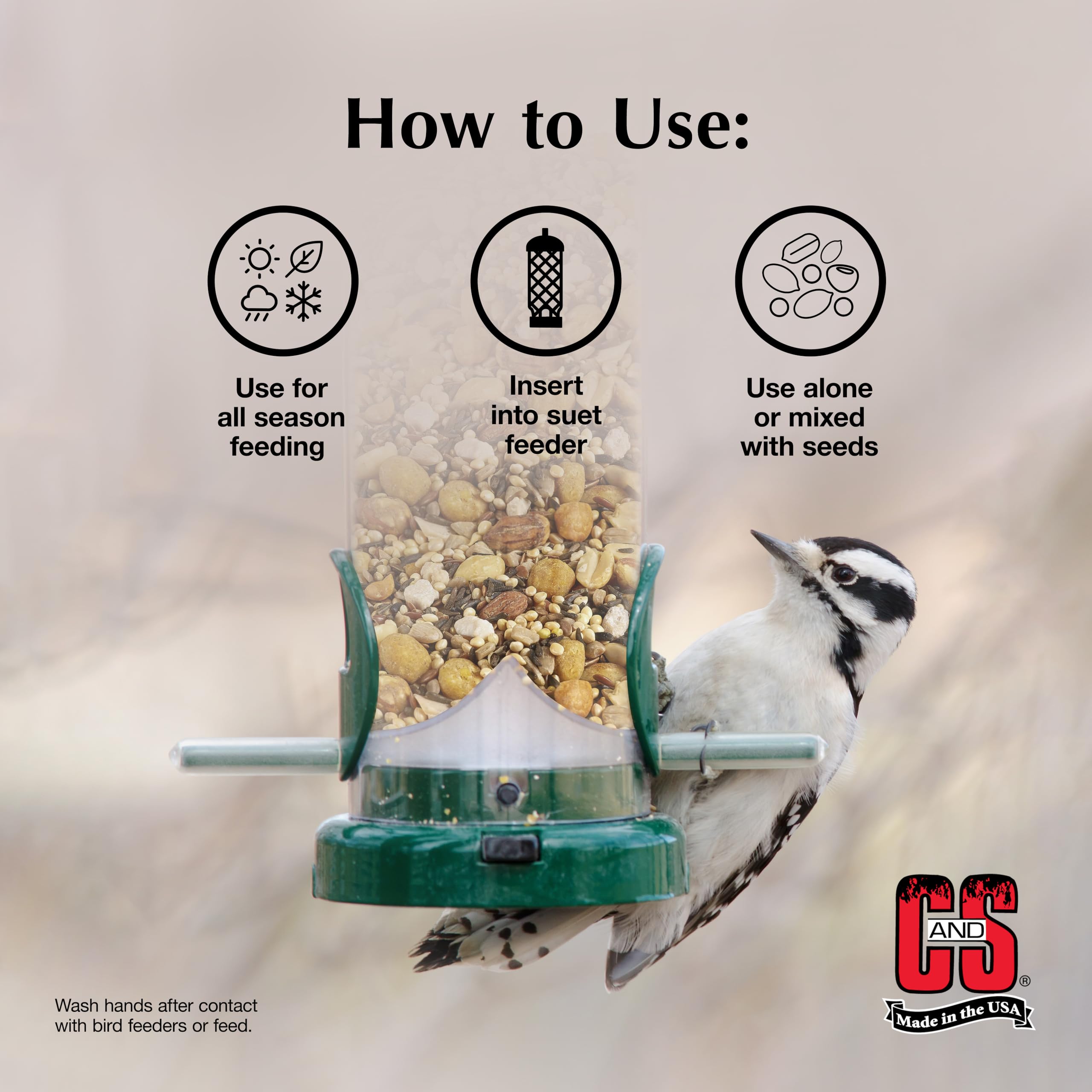 A woodpecker eating C&S nuggets showing attraction and natural feeding behavior
