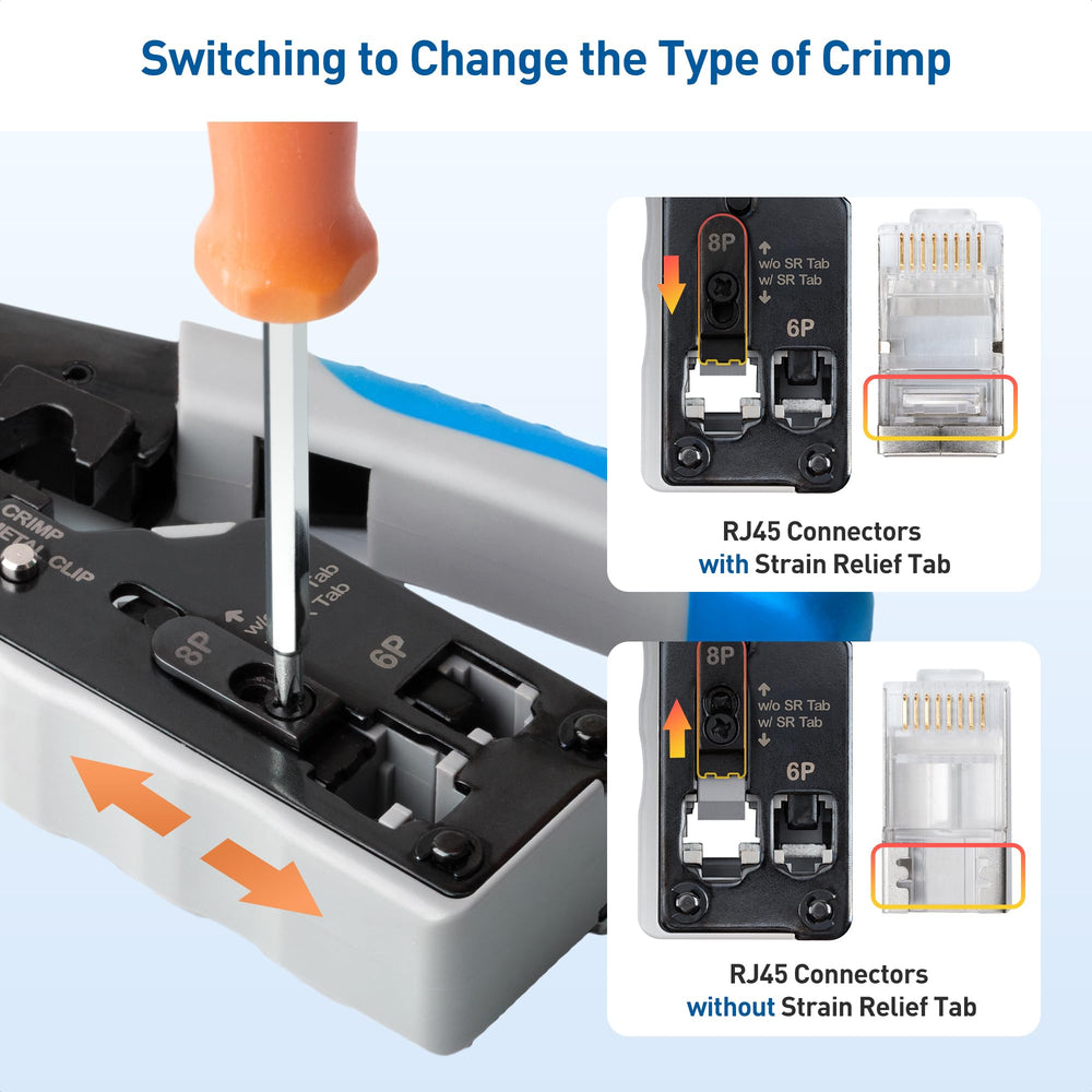Cable Matters tool in use terminating a pass-through RJ45 for reliable connections