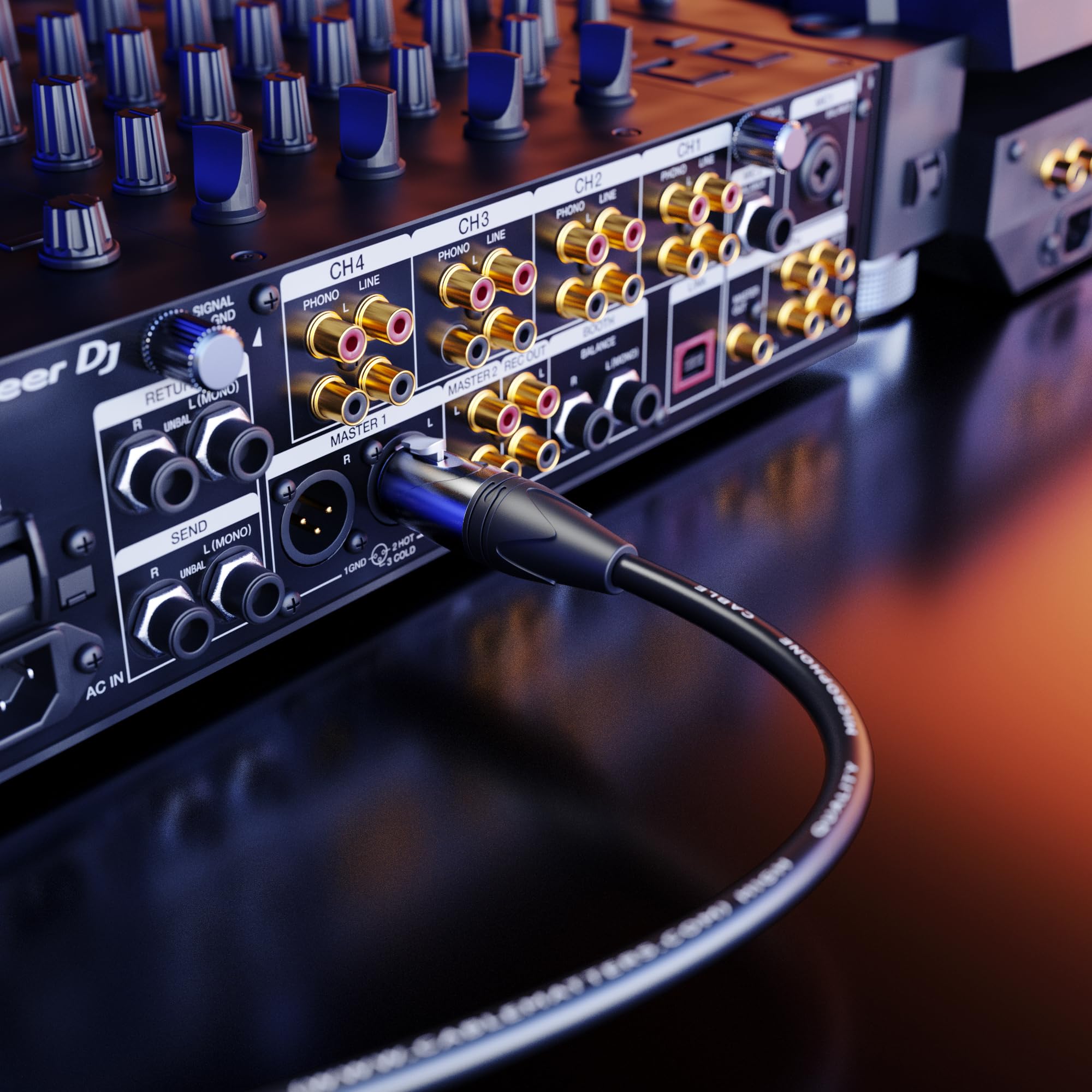 Cable Matters XLR cable attached to microphone stand for tidy stage setup