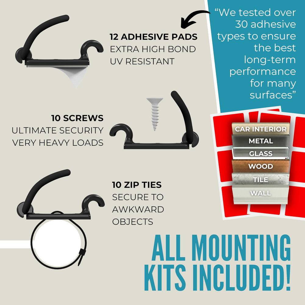 CableGenie adhesive pads and screws kit showing versatile mounting options