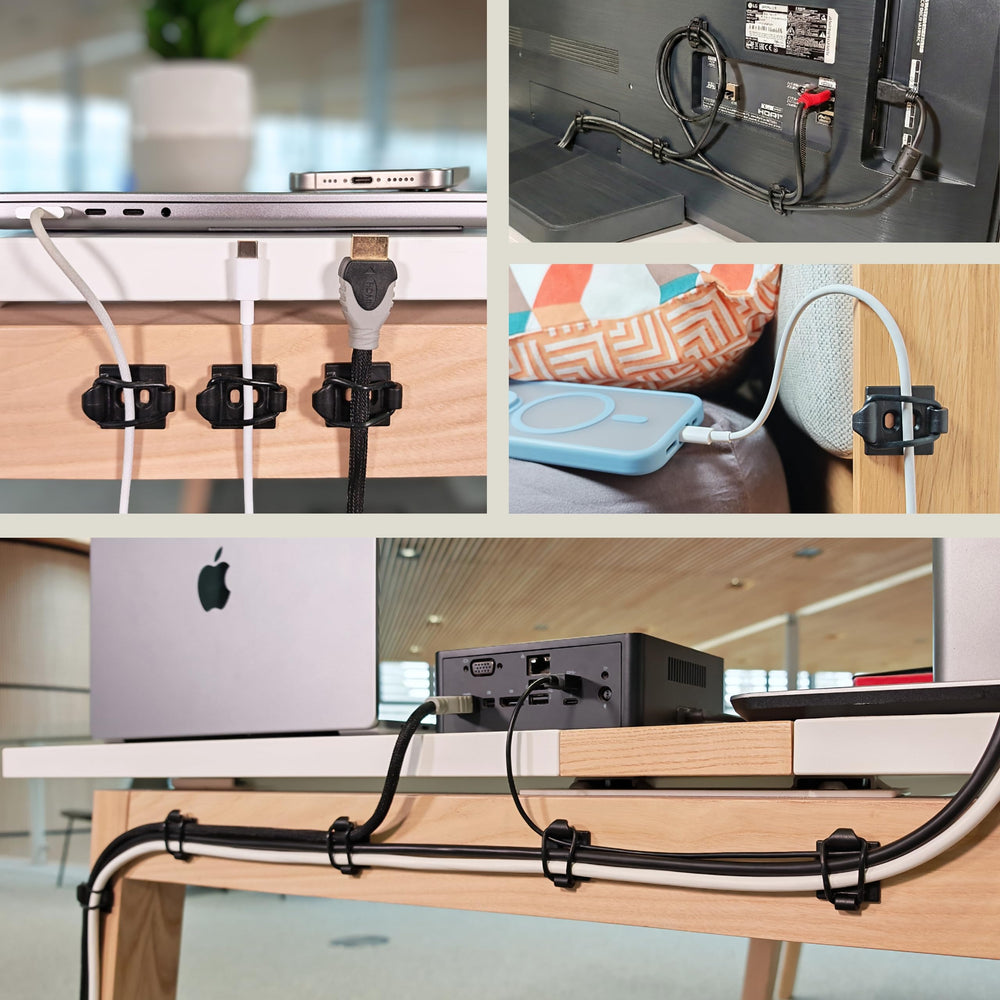 CableGenie mounted under desk holding multiple cords for tidy gaming setup