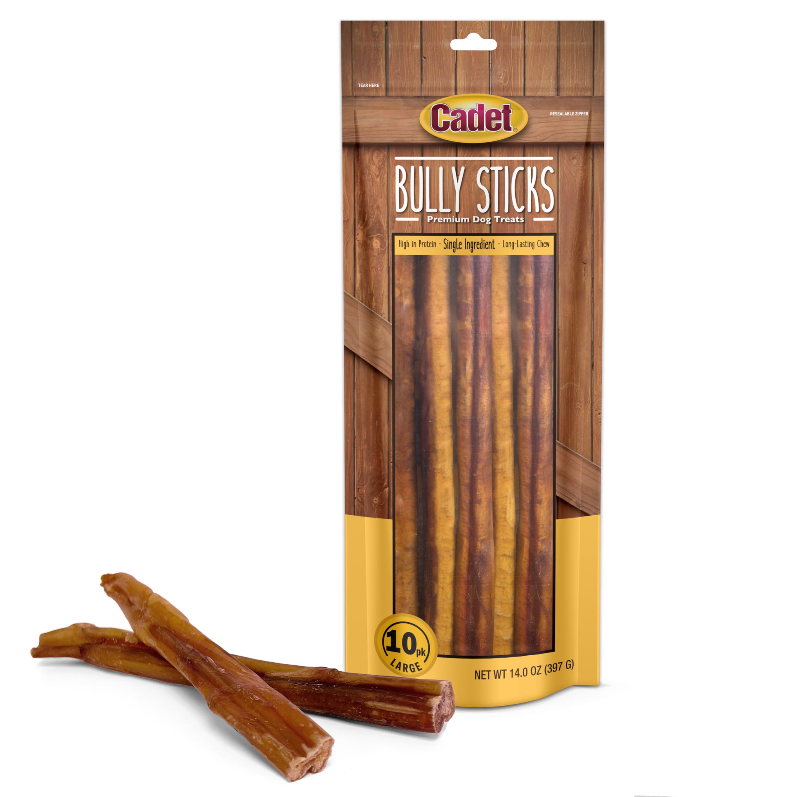 Cadet front packaging showing 10-count bully sticks and clear product view for trust