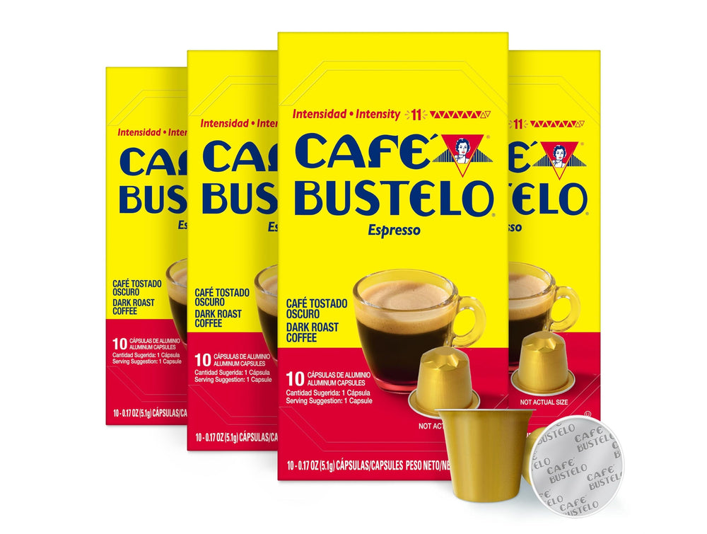 Café Bustelo front view of four boxes showing convenient 40-count supply and bold branding