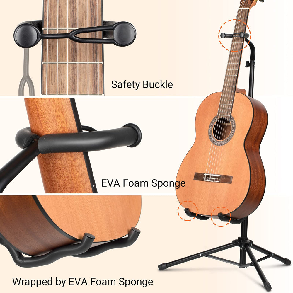 CAHAYA stand folded flat beside a gig bag for easy transport and storage benefit