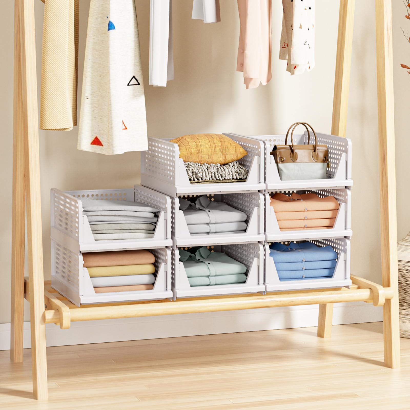 caktraie folded flat beside a shelf for compact storage convenience