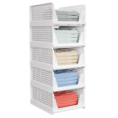 caktraie front view of five stackable baskets showing tidy storage benefit