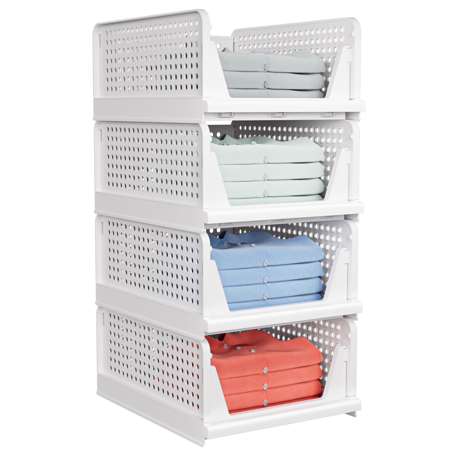 caktraie front view of four stackable baskets showing organized storage benefit