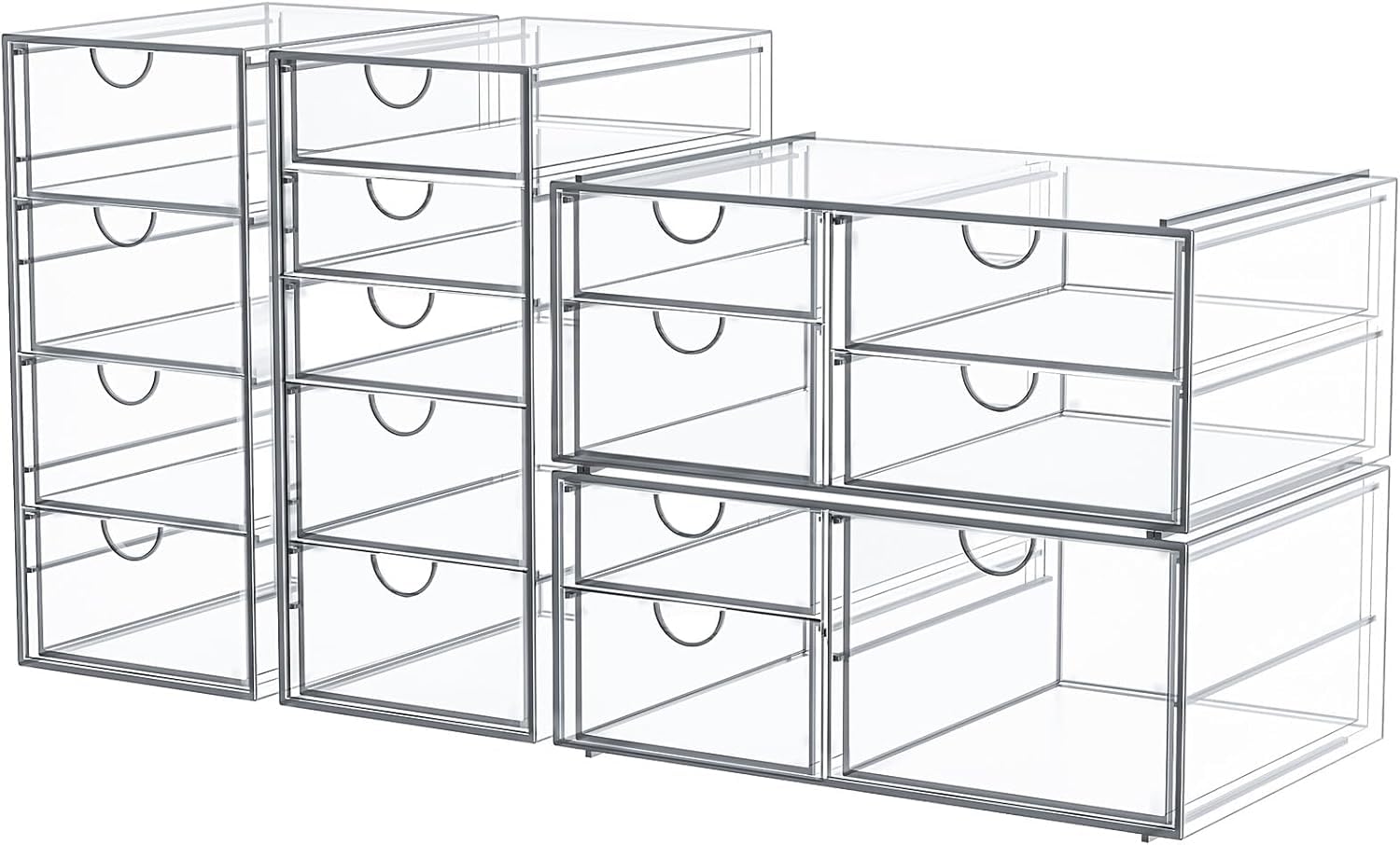 caktraie front view of 4-pack clear drawer units showing neat storage benefit