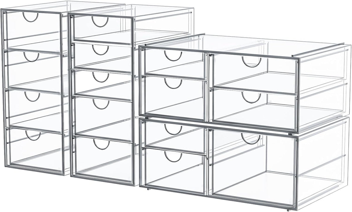caktraie front view of 4-pack clear drawer units showing neat storage benefit