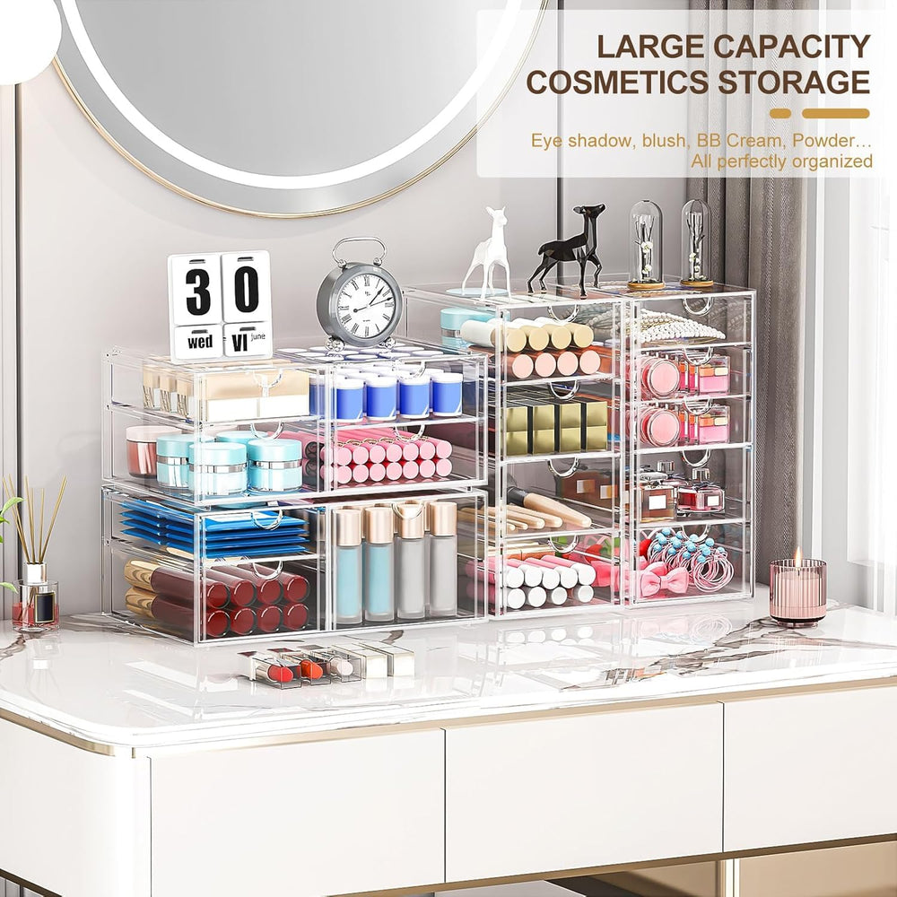 caktraie organizer on vanity with makeup inside for quick-access benefit