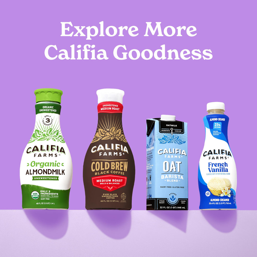 Califia Farms six cartons on pantry shelf emphasizing long-term shelf stability