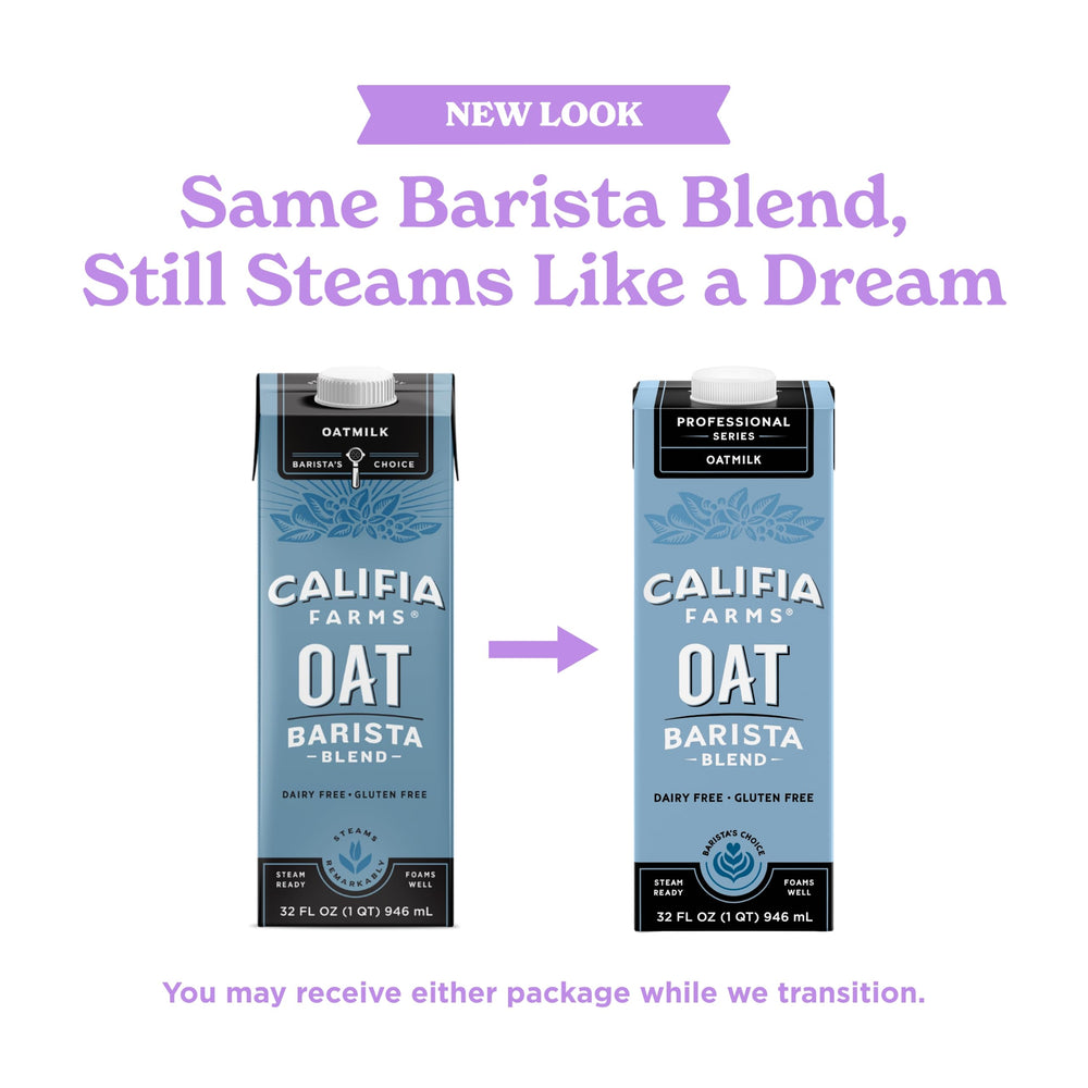 Califia Farms carton pouring oat milk into mug demonstrating easy pour and convenience