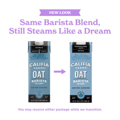 Califia Farms carton pouring oat milk into mug demonstrating easy pour and convenience