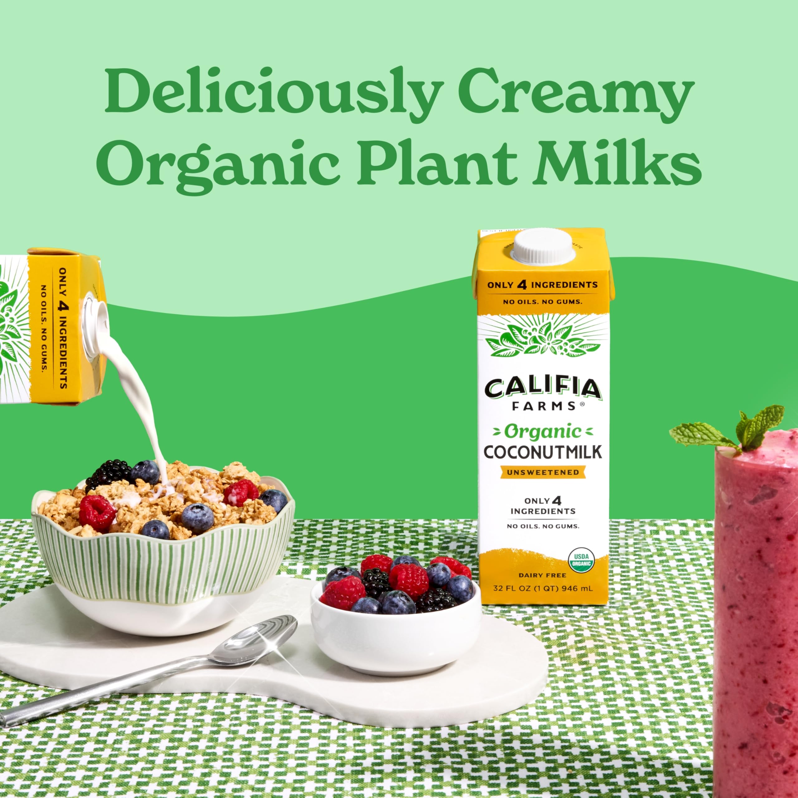 Califia Farms coconut milk beside a breakfast bowl showing recipe versatility
