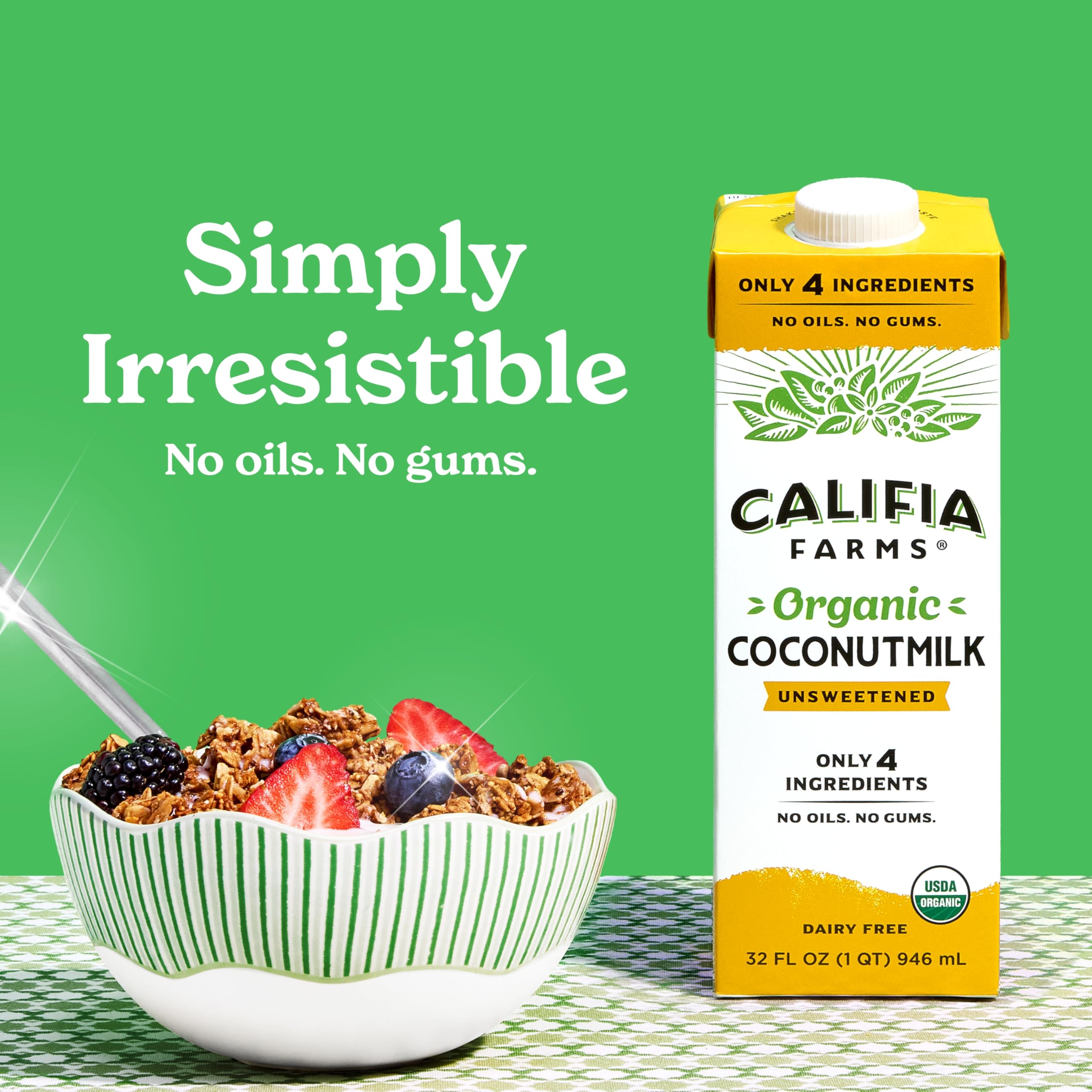 Pouring Califia Farms coconut milk into a glass for creamy beverage enjoyment