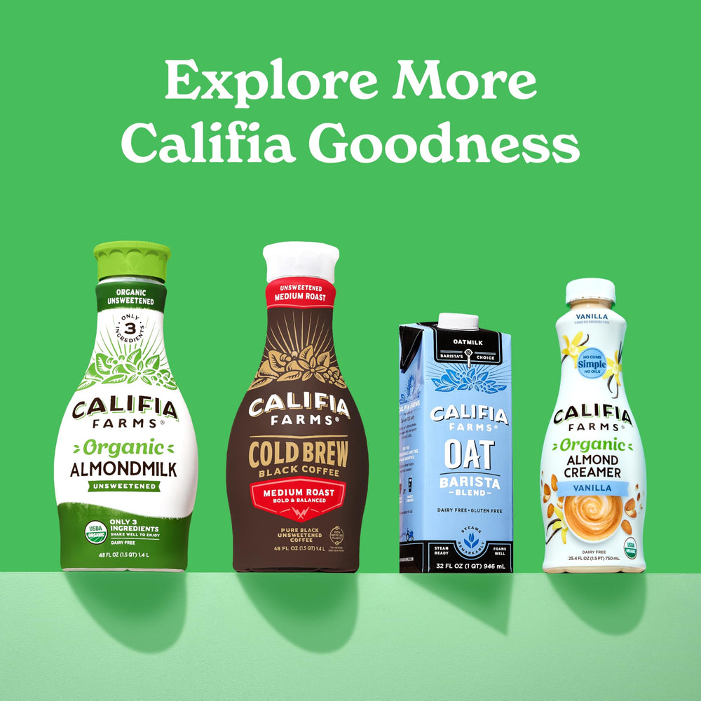 Califia Farms coconut milk with fruit and blender for smoothie-making convenience