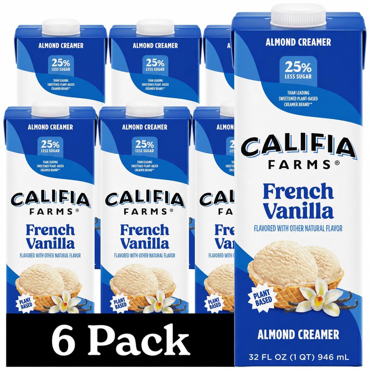 Califia Farms front packaging showing bottle and French Vanilla flavor benefits