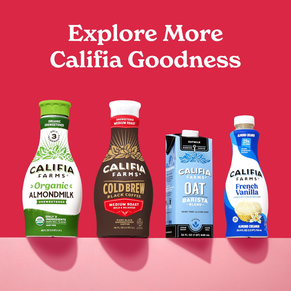 Califia Farms bottle next to common items showing 32 oz scale benefit