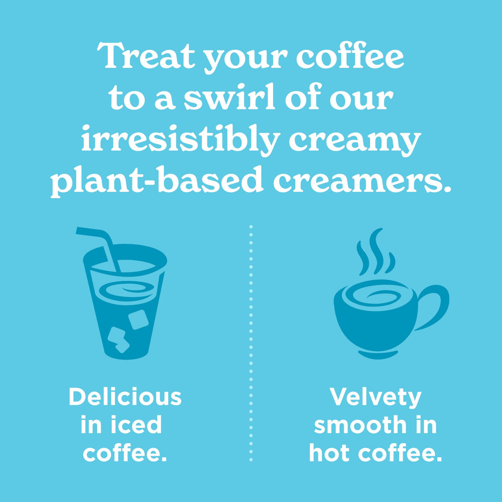 Califia Farms bottle beside mug indicating 32 oz size and portioning benefit