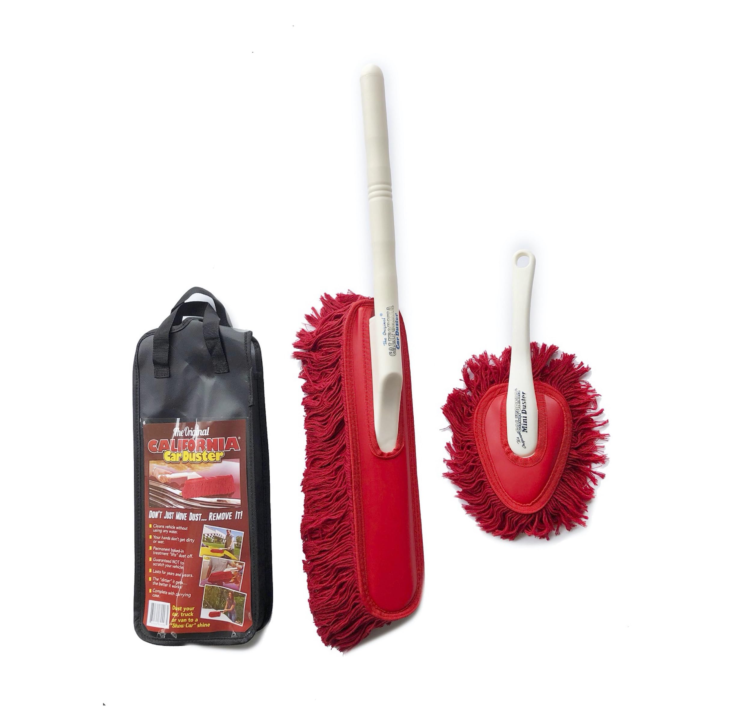 California Car Duster front view with red handle showing quick dust removal benefit
