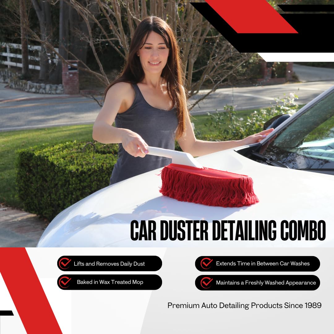 California Car Duster gently wiping car hood for fast exterior maintenance benefit