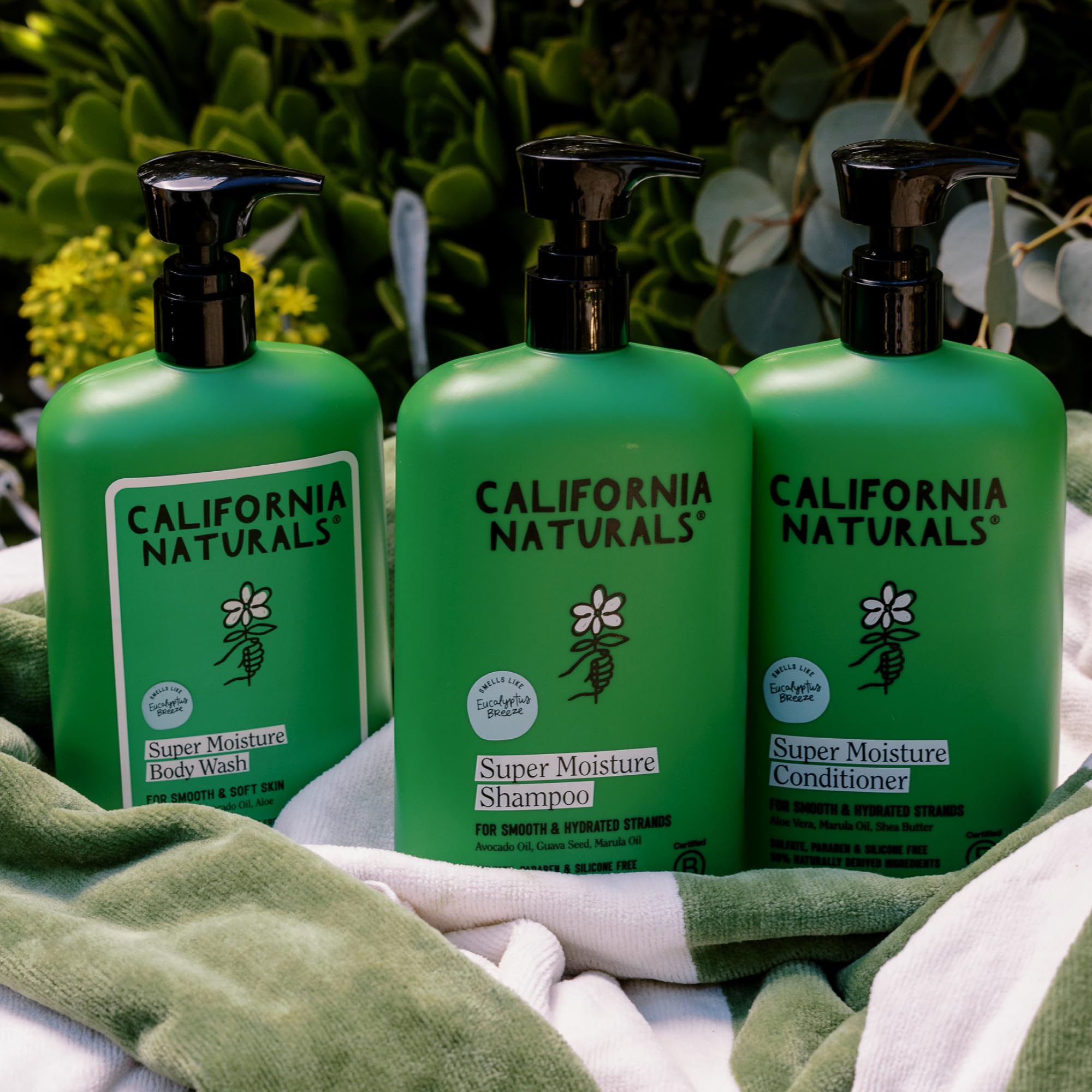 California Naturals bottle in shower scene conveying refreshing eucalyptus experience
