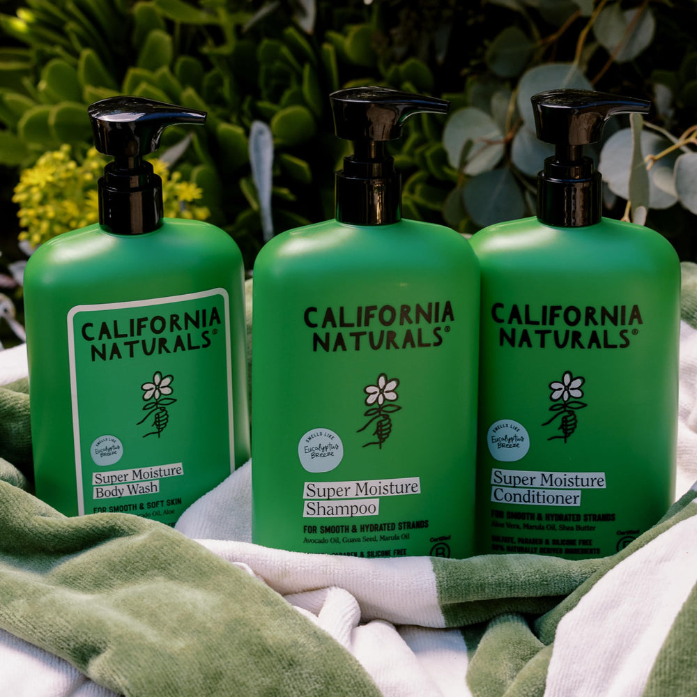 California Naturals bottle in shower scene conveying refreshing eucalyptus experience