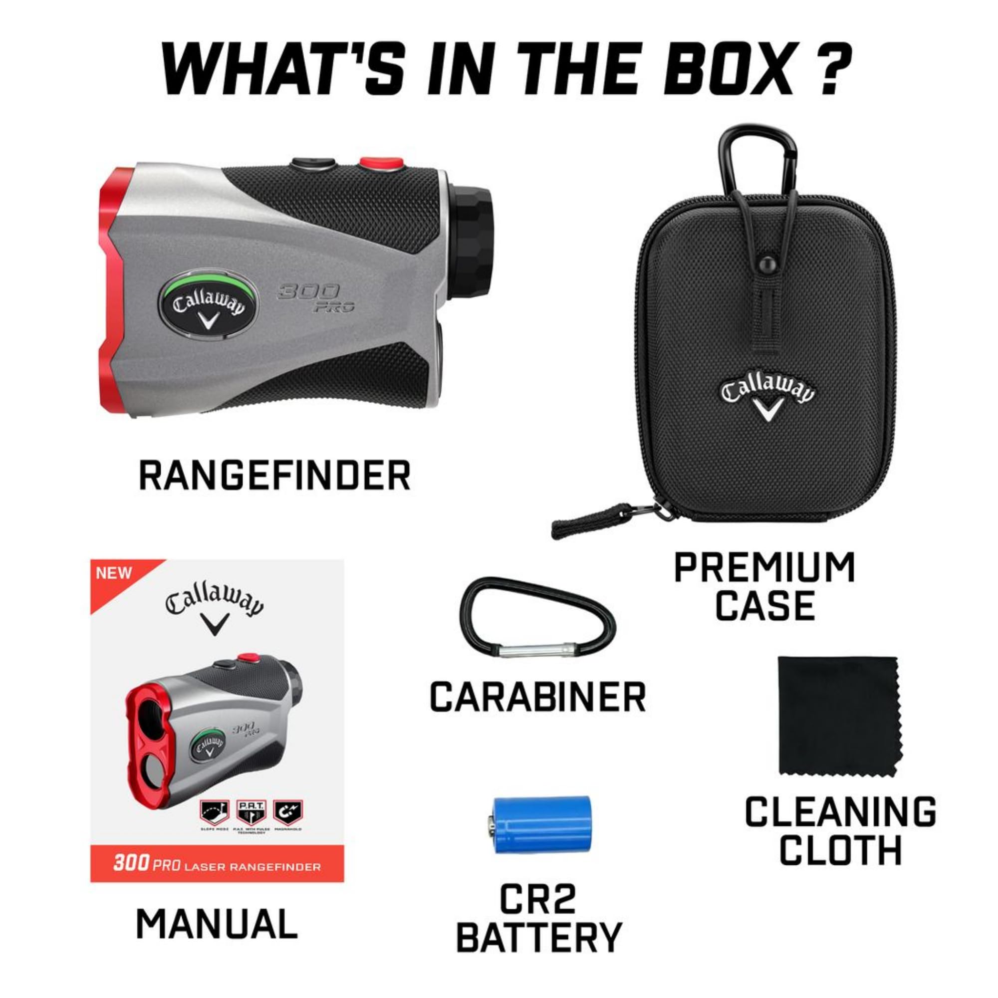 Callaway 300 Pro next to included battery and packaging ready to use